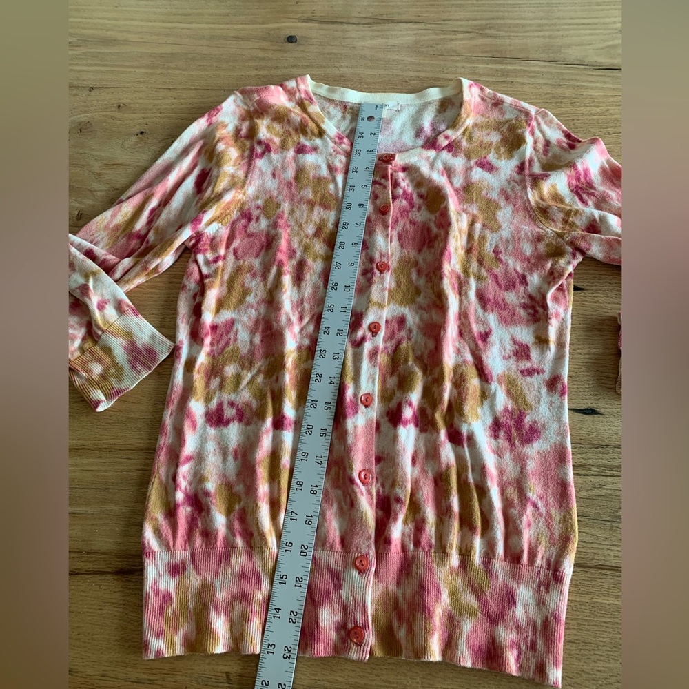 Caslon Watercolor 3/4 Sleeve Cardigan Button Up Pink Tan Women’s Medium Preloved - Picture 7 of 8